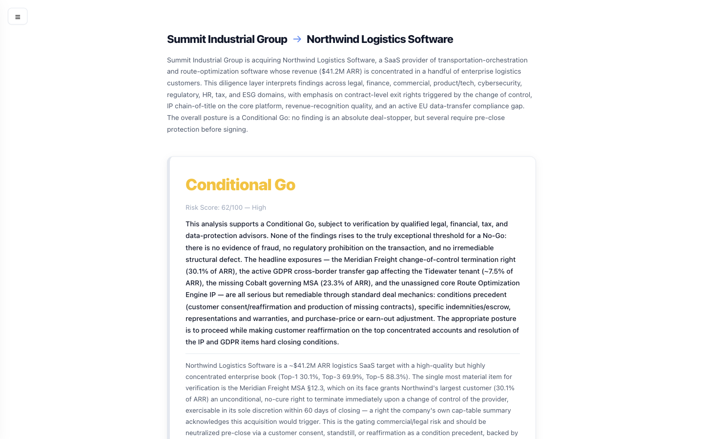 Executive dashboard with Go/No-Go verdict, key takeaways, severity distribution